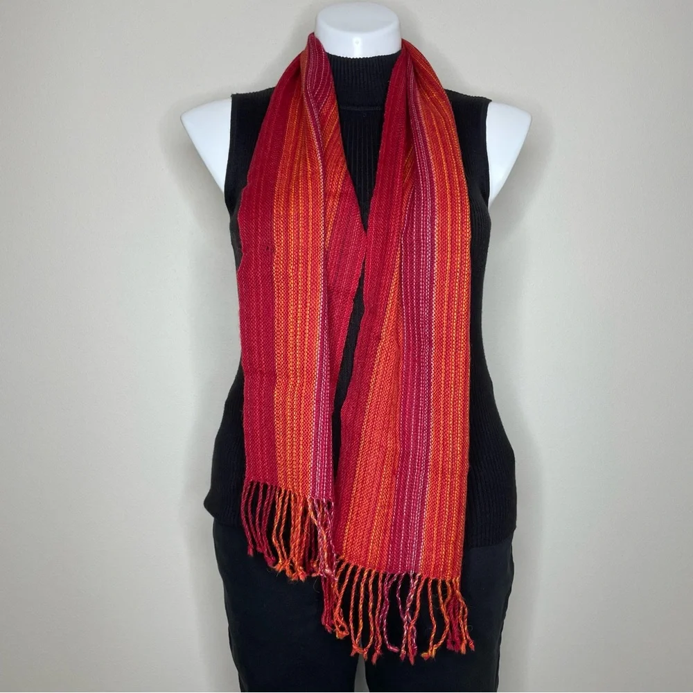 Vibrant Baby Alpaca Red and Orange Woven Scarf Made in Peru